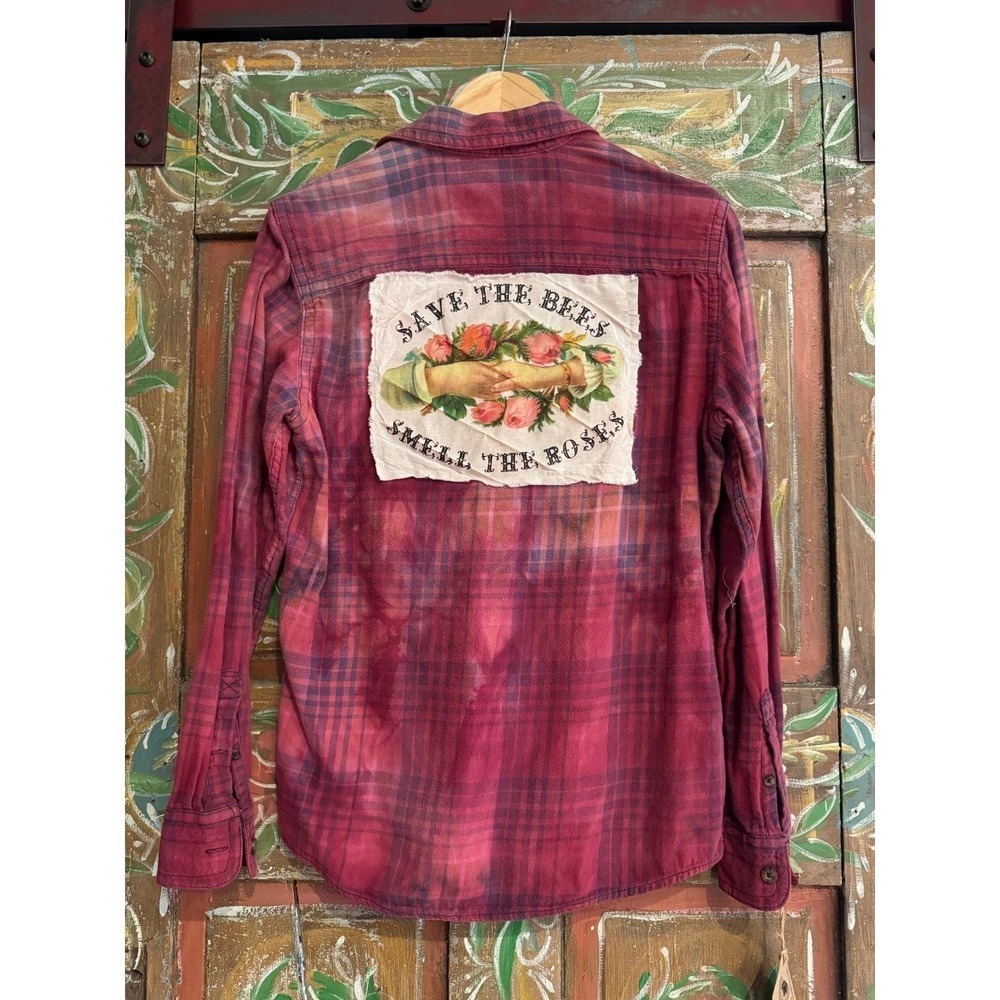 Distressed/ Reworked Flannel| Save the Bees Vintage Patchwork| Cottagecore| S